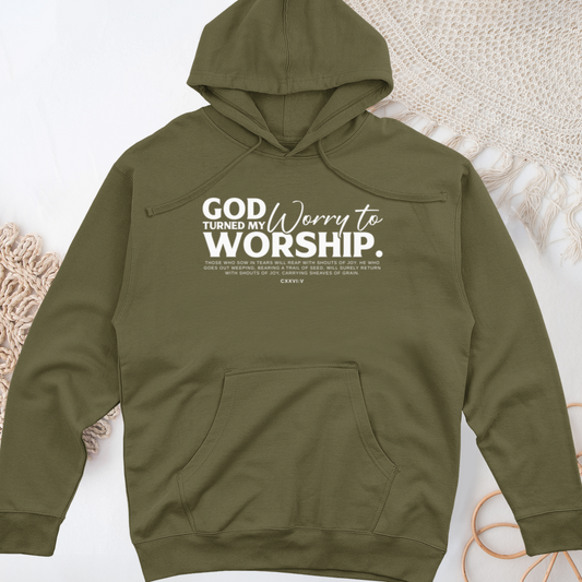 God Turned My Worry to Worship Midweight Hooded Sweatshirt