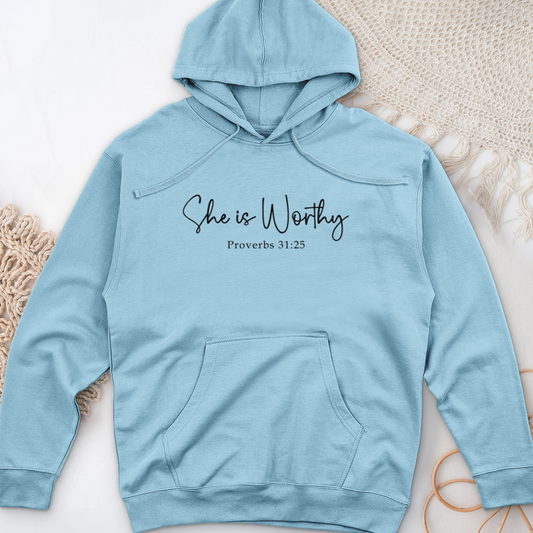 She Is Worthy Midweight Hooded Sweatshirt