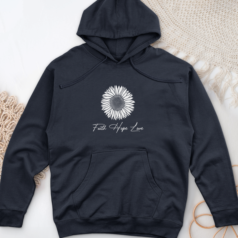 Faith Hope Love Rustic Sunflower Midweight Hooded Sweatshirt