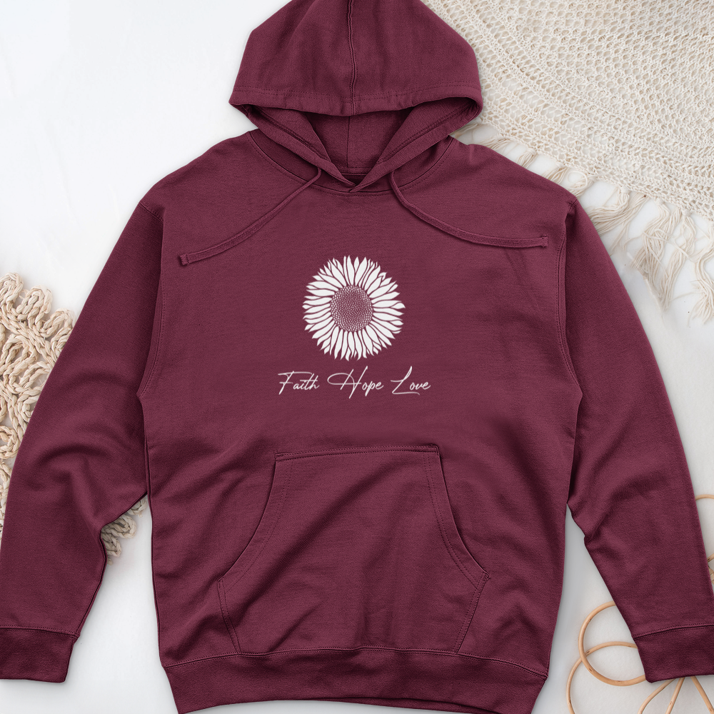 Faith Hope Love Rustic Sunflower Midweight Hooded Sweatshirt