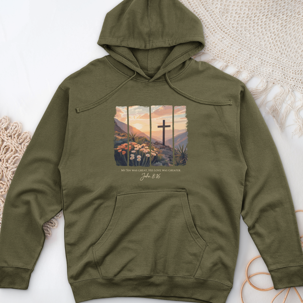 His Love Was Greater Midweight Hooded Sweatshirt